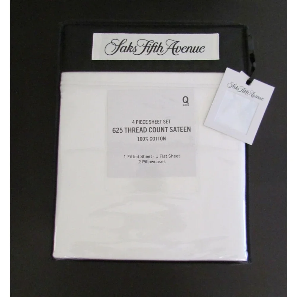 Saks Fifth Avenue Queen 100% Cotton Sateen Sheet Set White 625 TC New